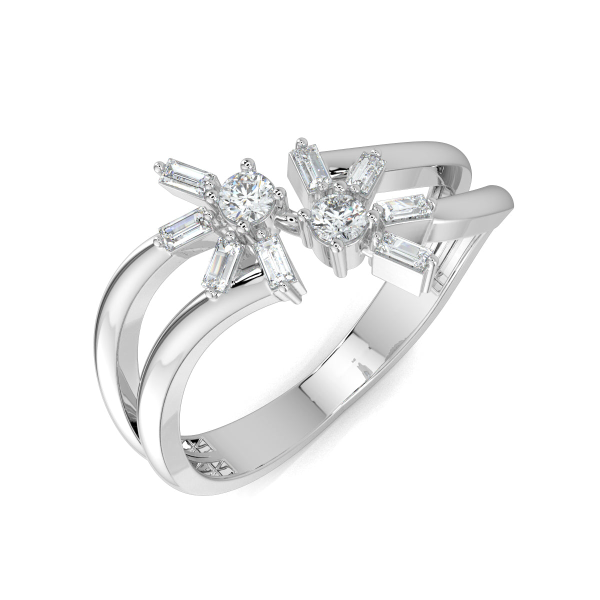 White Gold, Diamond Ring, Natura diamond ring, Lab-grown diamond ring, Mystic Flourish Diamond Ring, everyday diamond ring, split shank diamond ring, floral diamond ring, sustainable diamond jewelry, round diamond, baguette diamond, elegant diamond ring, enchanting diamond ring