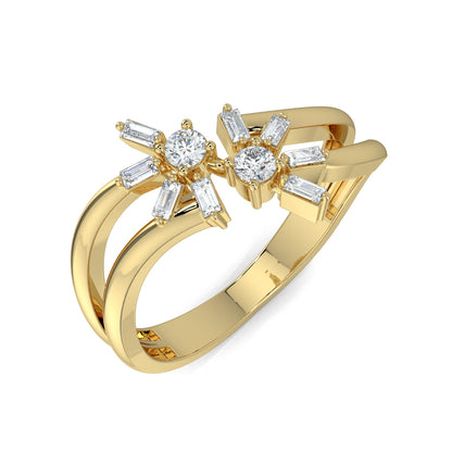 Yellow Gold, Diamond Ring, Natura diamond ring, Lab-grown diamond ring, Mystic Flourish Diamond Ring, everyday diamond ring, split shank diamond ring, floral diamond ring, sustainable diamond jewelry, round diamond, baguette diamond, elegant diamond ring, enchanting diamond ring