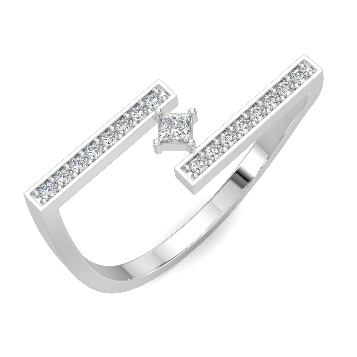 White Gold, Diamond Ring,  Natural diamond ring, Lab-grown diamond ring, everyday diamond ring, open-ended band ring, round diamond accents, princess-cut diamond center, timeless elegance, modern luxury.