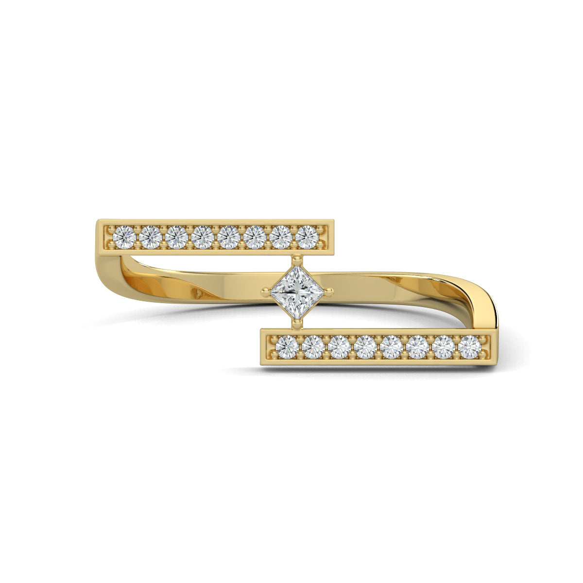 Yellow Gold, Diamond Ring,  Natural diamond ring, Lab-grown diamond ring, everyday diamond ring, open-ended band ring, round diamond accents, princess-cut diamond center, timeless elegance, modern luxury.