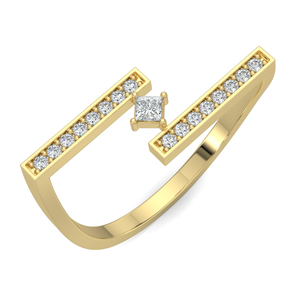 Yellow Gold, Diamond Ring,  Natural diamond ring, Lab-grown diamond ring, everyday diamond ring, open-ended band ring, round diamond accents, princess-cut diamond center, timeless elegance, modern luxury.