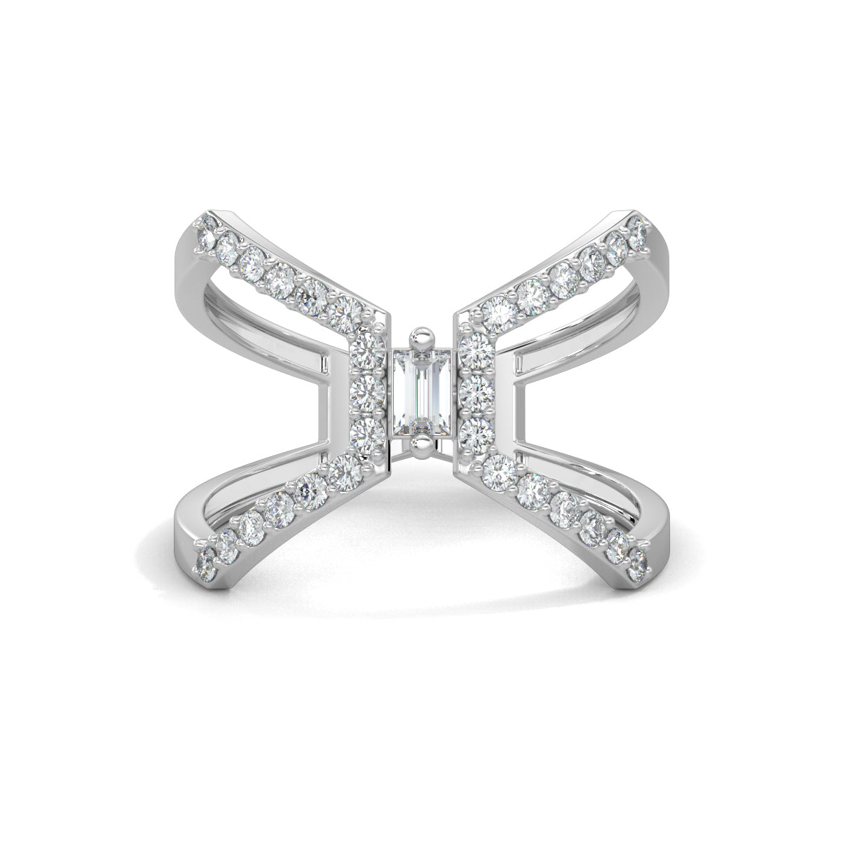 White Gold, Diamond Ring, Natural diamond ring, Lab-grown diamond ring, everyday ring, split shank design, butterfly ring, baguette diamond, round diamonds, fashion jewelry, exquisite elegance.