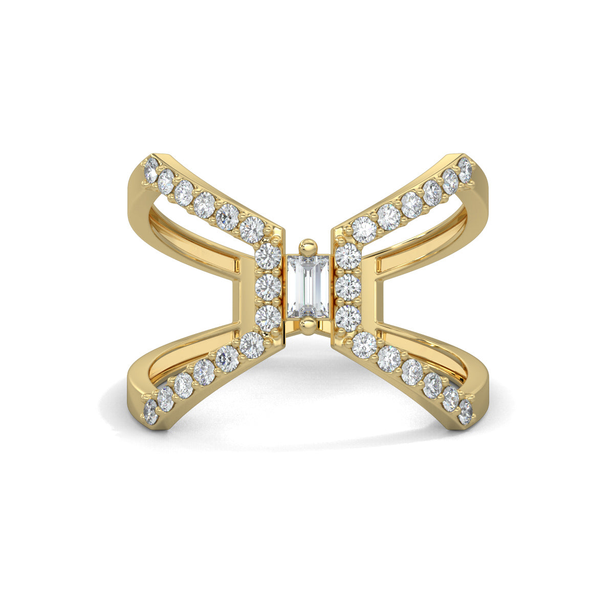 Yellow Gold, Diamond Ring, Natural diamond ring, Lab-grown diamond ring, everyday ring, split shank design, butterfly ring, baguette diamond, round diamonds, fashion jewelry, exquisite elegance.