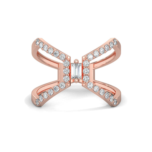 Rose Gold, Diamond Ring, Natural diamond ring, Lab-grown diamond ring, everyday ring, split shank design, butterfly ring, baguette diamond, round diamonds, fashion jewelry, exquisite elegance.