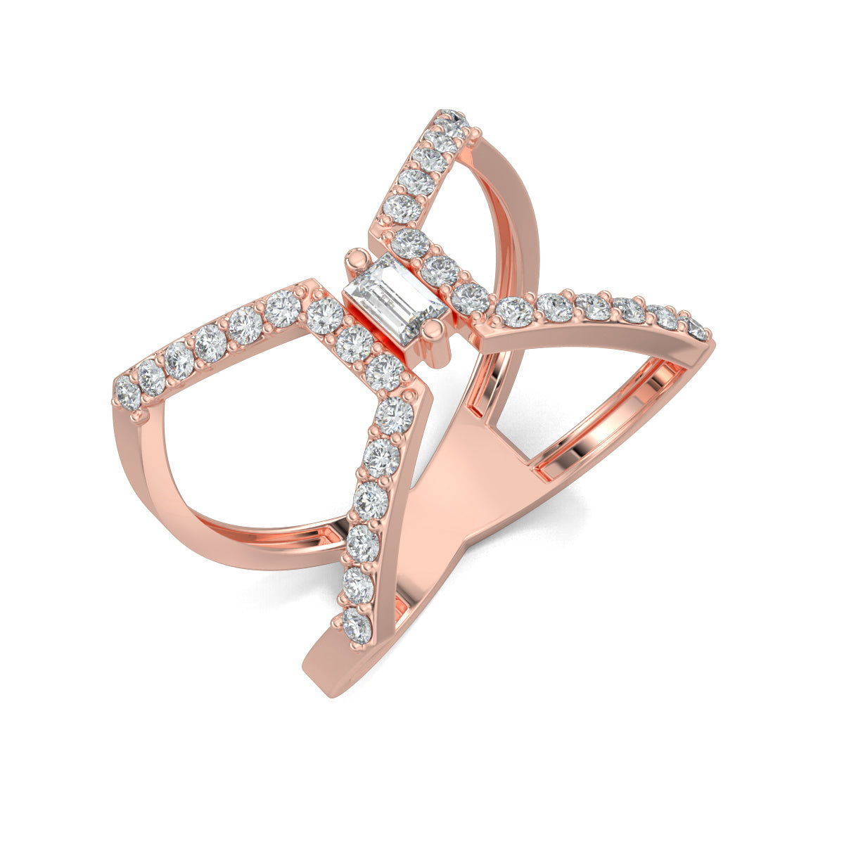 Rose Gold, Diamond Ring, Natural diamond ring, Lab-grown diamond ring, everyday ring, split shank design, butterfly ring, baguette diamond, round diamonds, fashion jewelry, exquisite elegance.