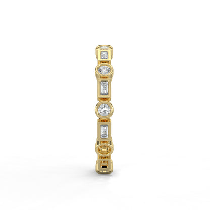 Yellow Gold, Diamond Ring, natural diamond eternity band, Lab-grown diamond eternity band, round diamond, baguette diamond, everyday ring, timeless elegance, sophisticated jewelry