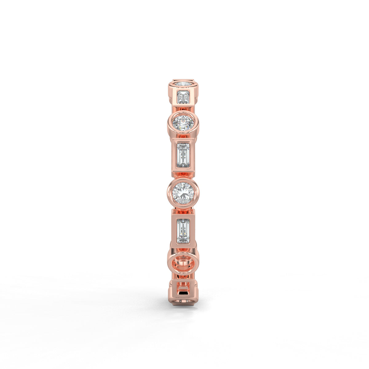 Rose Gold, Diamond Ring, natural diamond eternity band, Lab-grown diamond eternity band, round diamond, baguette diamond, everyday ring, timeless elegance, sophisticated jewelry