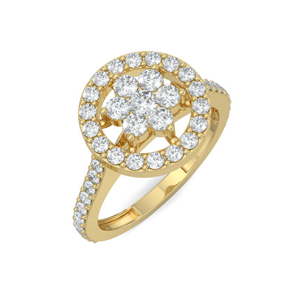 Yellow Gold, Diamond Ring, natural diamond ring, lab-grown diamond ring, sleek halo ring, round diamond band, pave setting, halo setting, elegant jewelry
