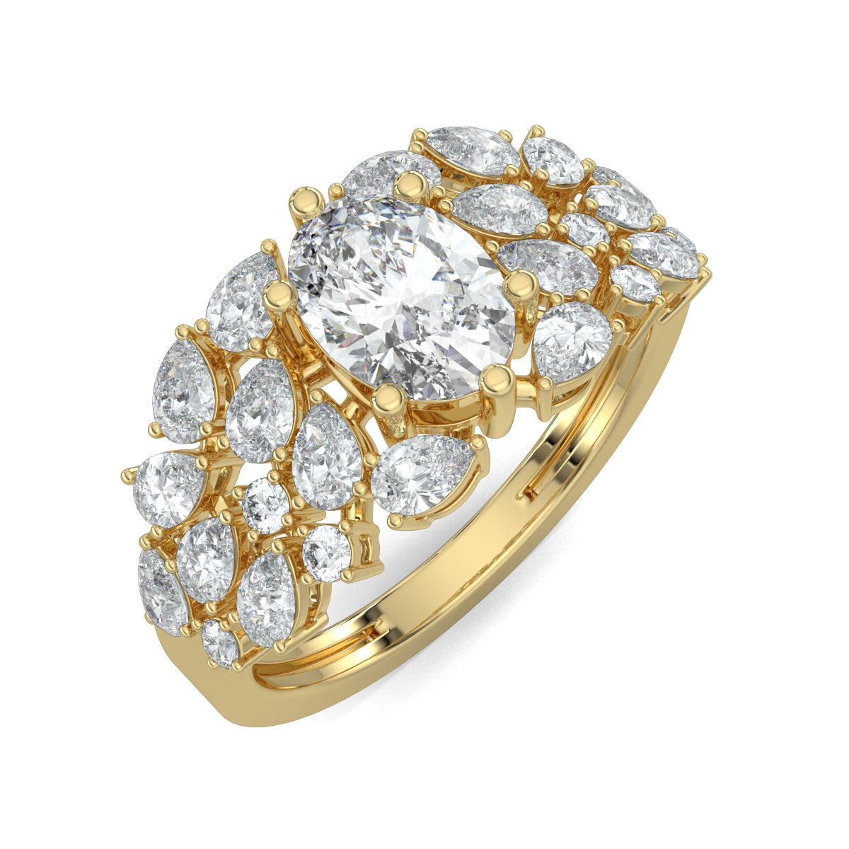 Yellow Gold, Diamond Ring, natural diamond solitaire ring, Lab-grown diamond solitaire ring, Nova Glow Solitaire Ring, oval-cut diamond ring, pear-shaped diamonds, round diamonds, celestial jewelry, classic band, elegant adornment
