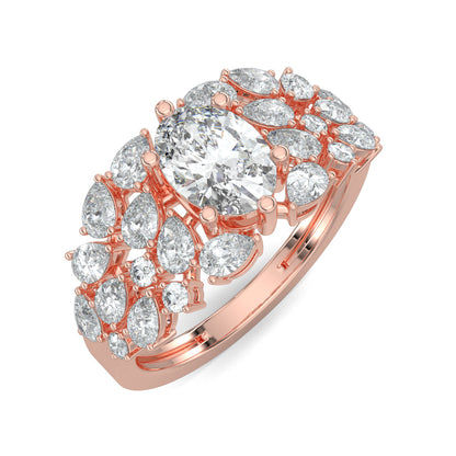 Rose Gold, Diamond Ring, natural diamond solitaire ring, Lab-grown diamond solitaire ring, Nova Glow Solitaire Ring, oval-cut diamond ring, pear-shaped diamonds, round diamonds, celestial jewelry, classic band, elegant adornment
