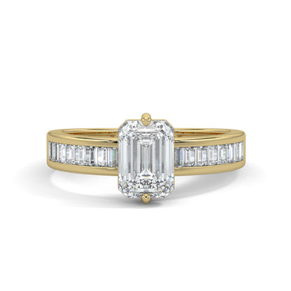 Yellow Gold, Diamond Ring, Emerald solitaire diamond ring, Natural diamond ring, Lab-grown diamond ring, Solitaire diamond band ring, Baguette diamond channeling ring