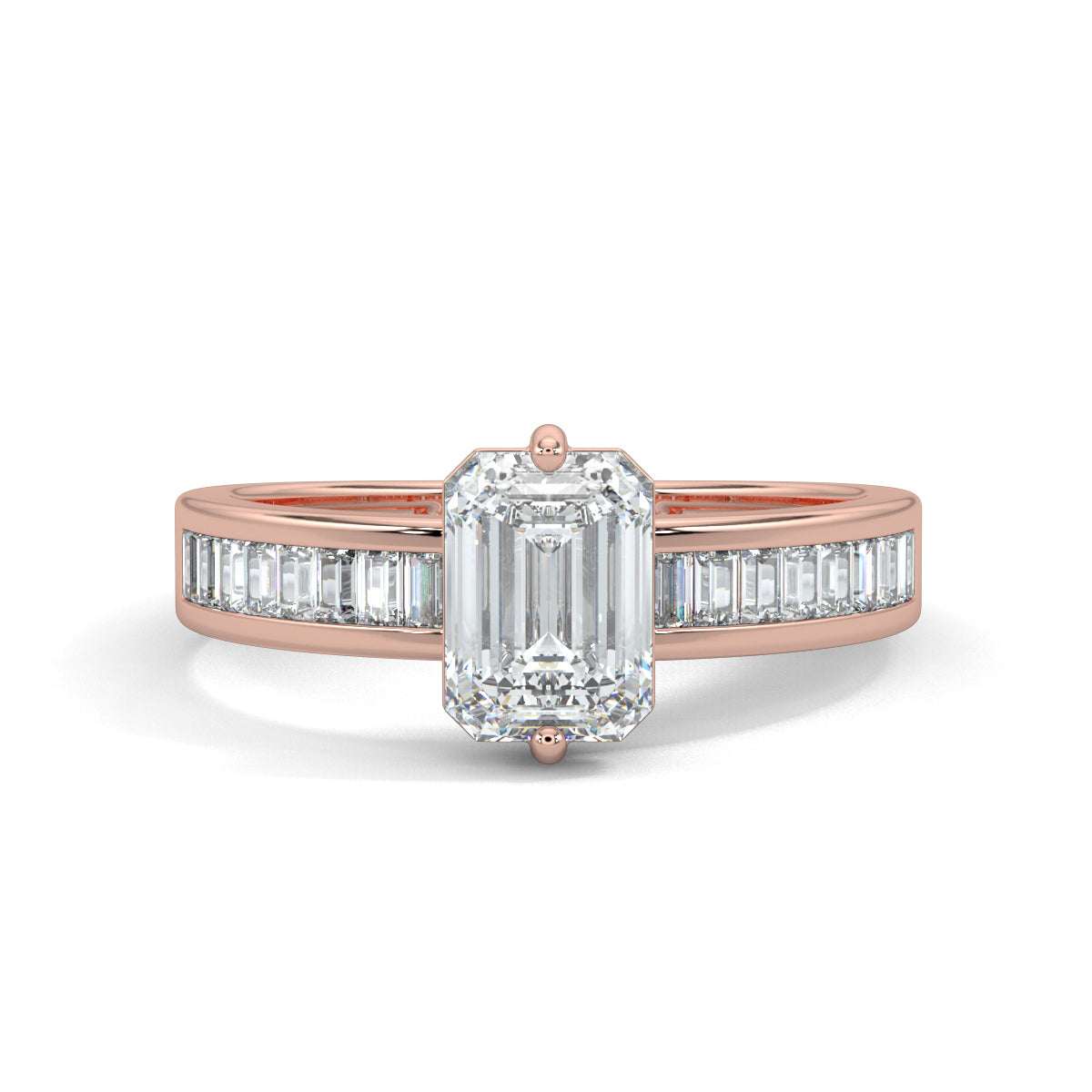Rose Gold, Diamond Ring, Emerald solitaire diamond ring, Natural diamond ring, Lab-grown diamond ring, Solitaire diamond band ring, Baguette diamond channeling ring