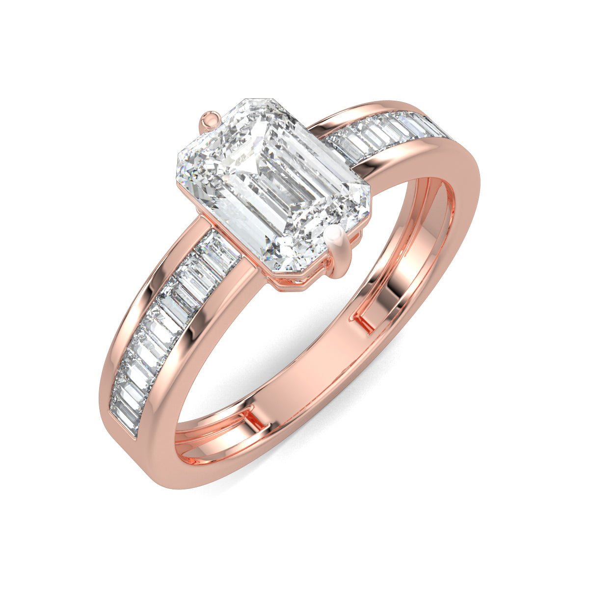 Rose Gold, Diamond Ring, Emerald solitaire diamond ring, Natural diamond ring, Lab-grown diamond ring, Solitaire diamond band ring, Baguette diamond channeling ring
