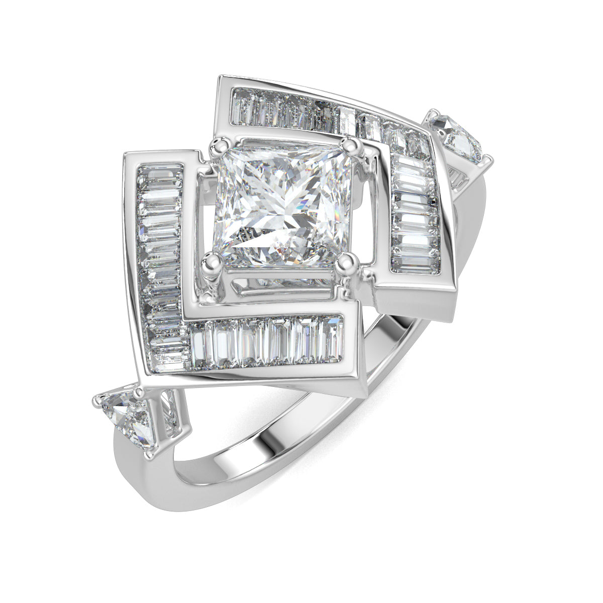 White Gold, Diamond Ring, allure princess ring, lab-grown diamonds, princess-cut diamond, natural diamonds, trillion diamonds, baguette diamonds, solitaire ring, diamond ring, elegant jewelry