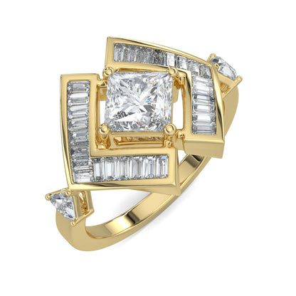 Yellow Gold, Diamond Ring, allure princess ring, lab-grown diamonds, princess-cut diamond, natural diamonds, trillion diamonds, baguette diamonds, solitaire ring, diamond ring, elegant jewelry