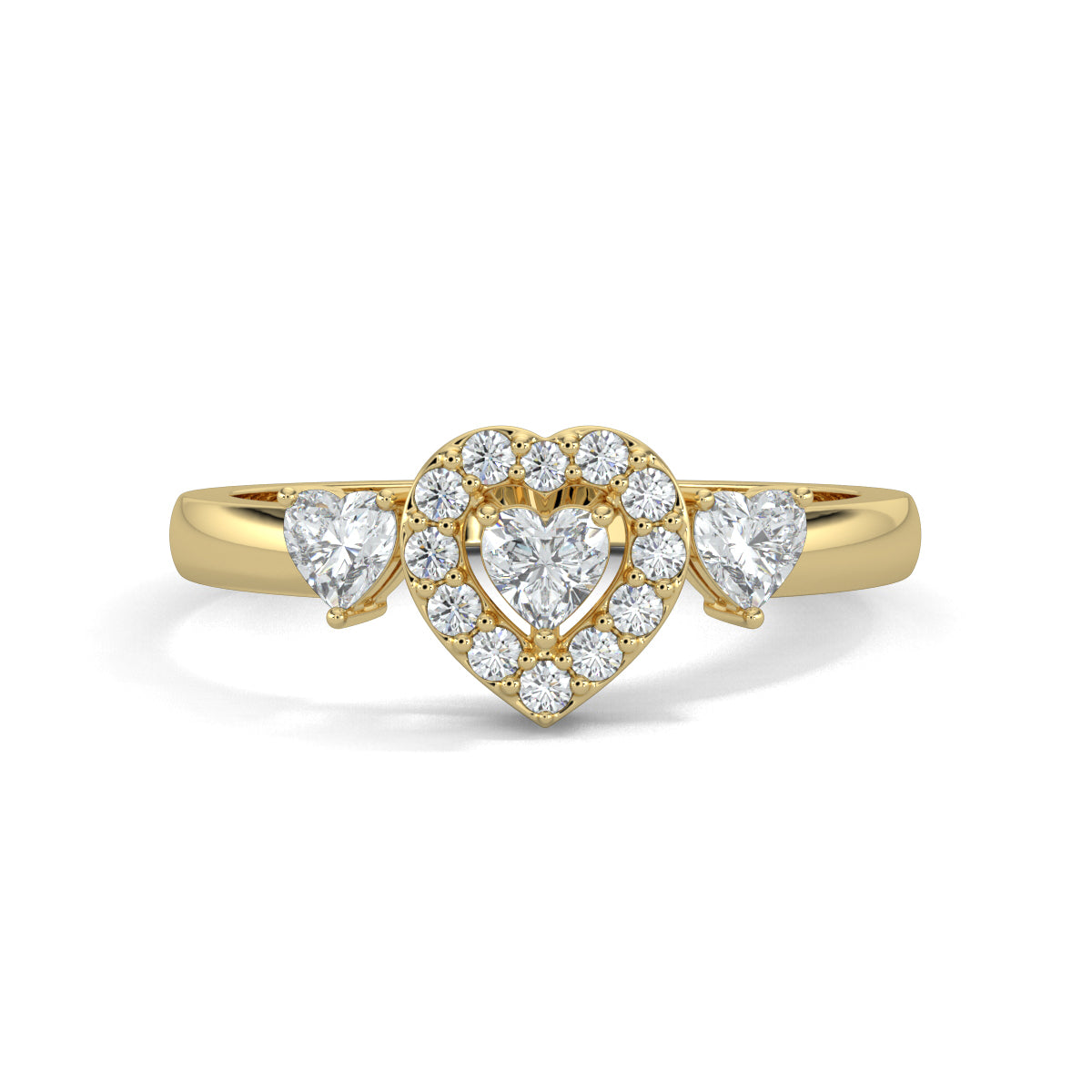 Yellow Gold, Diamond Ring, Romantic heart solitaire ring, natural diamond ring, lab-grown diamond ring, heart-shaped diamond, halo setting, sustainable jewelry, love diamond accents, ethically sourced diamonds
