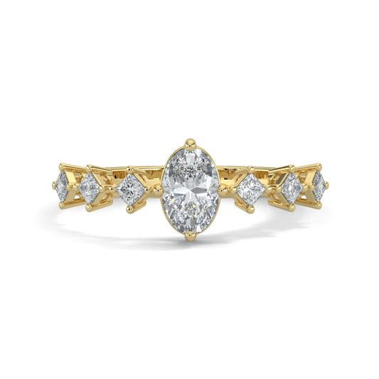 Yellow Gold, Diamond Ring, oval solitaire diamond ring, natural diamonds, lab-grown diamonds, princess band ring, engagement ring, ethical jewelry, diamond jewelry, luxury ring, solitaire ring, oval cut diamond, princess cut diamonds
