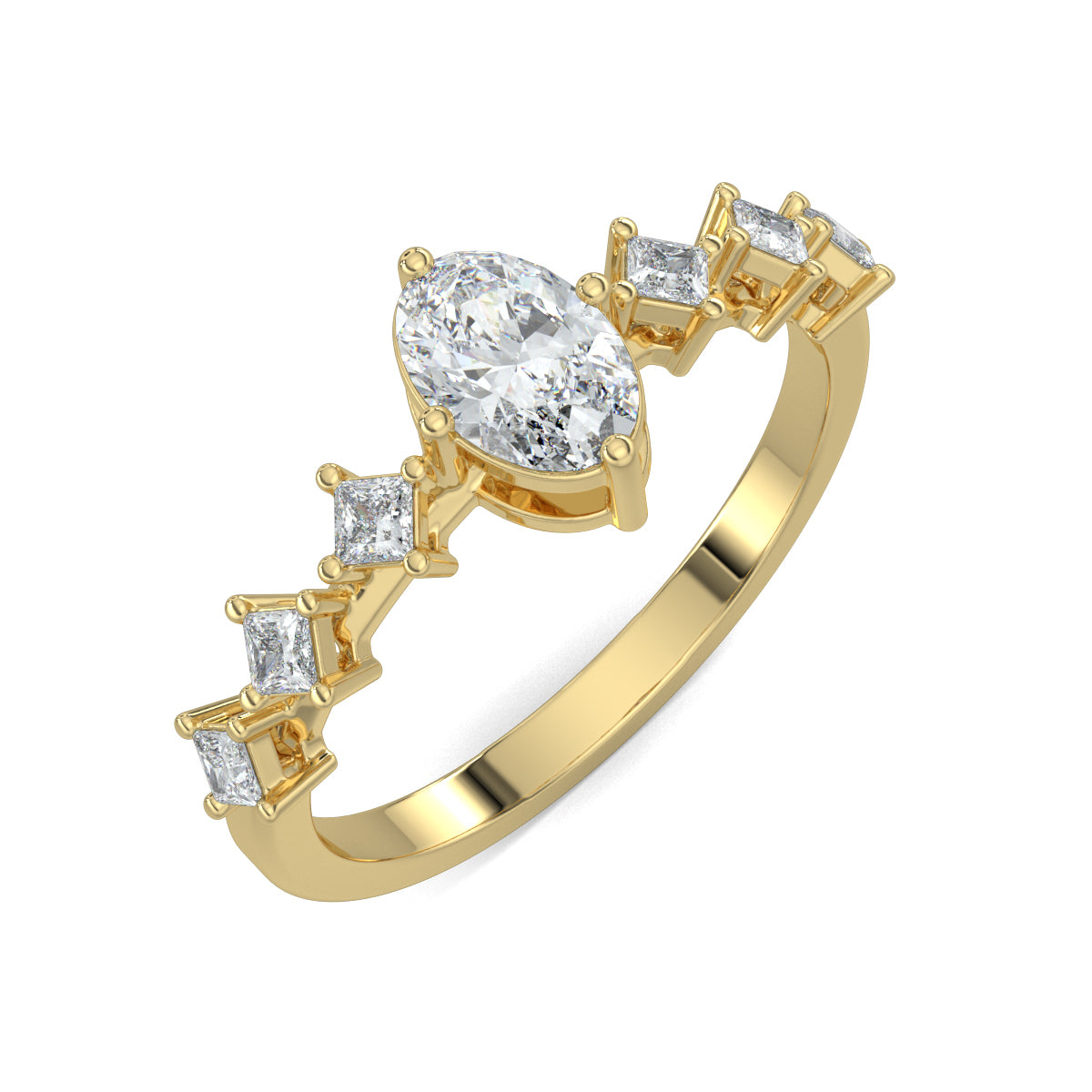 Yellow Gold, Diamond Ring, oval solitaire diamond ring, natural diamonds, lab-grown diamonds, princess band ring, engagement ring, ethical jewelry, diamond jewelry, luxury ring, solitaire ring, oval cut diamond, princess cut diamonds