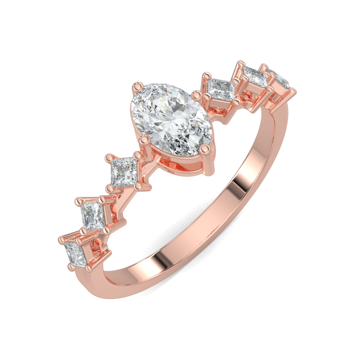 Rose Gold, Diamond Ring, oval solitaire diamond ring, natural diamonds, lab-grown diamonds, princess band ring, engagement ring, ethical jewelry, diamond jewelry, luxury ring, solitaire ring, oval cut diamond, princess cut diamonds
