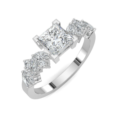 White Gold, Diamond Ring, luxurious princess solitaire ring, natural diamond ring, lab-grown diamond ring, marquise and round diamond ring, solitaire engagement ring, classic diamond ring