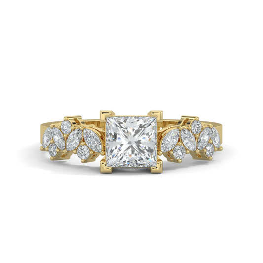 Yellow Gold, Diamond Ring, luxurious princess solitaire ring, natural diamond ring, lab-grown diamond ring, marquise and round diamond ring, solitaire engagement ring, classic diamond ring