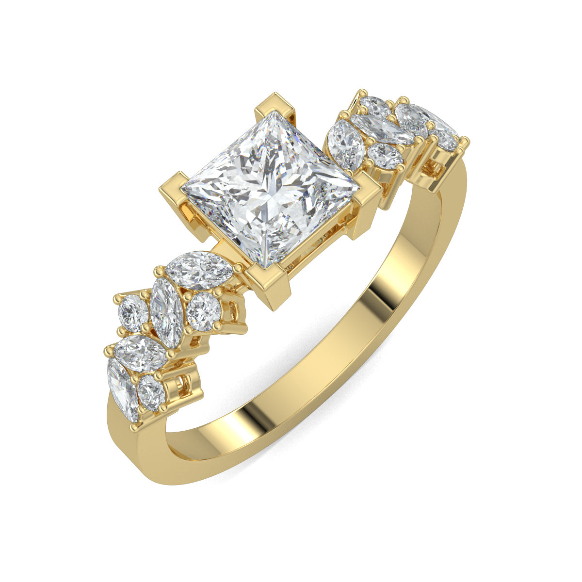 Yellow Gold, Diamond Ring, luxurious princess solitaire ring, natural diamond ring, lab-grown diamond ring, marquise and round diamond ring, solitaire engagement ring, classic diamond ring