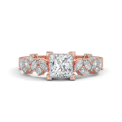 Rose Gold, Diamond Ring, luxurious princess solitaire ring, natural diamond ring, lab-grown diamond ring, marquise and round diamond ring, solitaire engagement ring, classic diamond ring