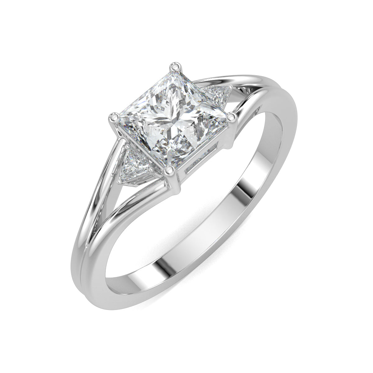 White Gold, Diamond Ring, Enchantress Solitaire Diamond Ring, Natural Diamonds, Lab-Grown Diamonds, Princess Cut Diamond, Trillion Diamonds, Split Shank Band, Elegant Diamond Ring