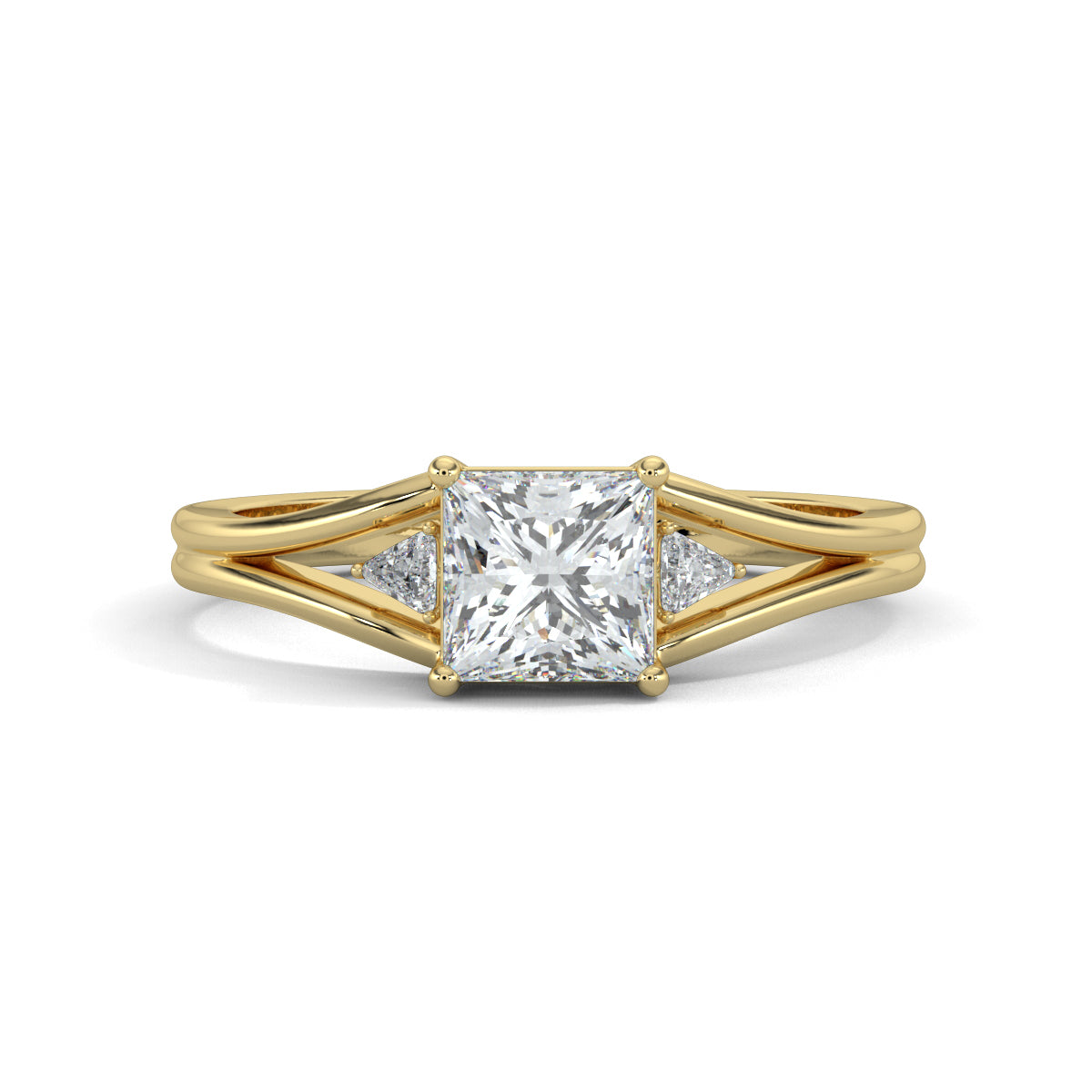 Yellow Gold, Diamond Ring, Enchantress Solitaire Diamond Ring, Natural Diamonds, Lab-Grown Diamonds, Princess Cut Diamond, Trillion Diamonds, Split Shank Band, Elegant Diamond Ring