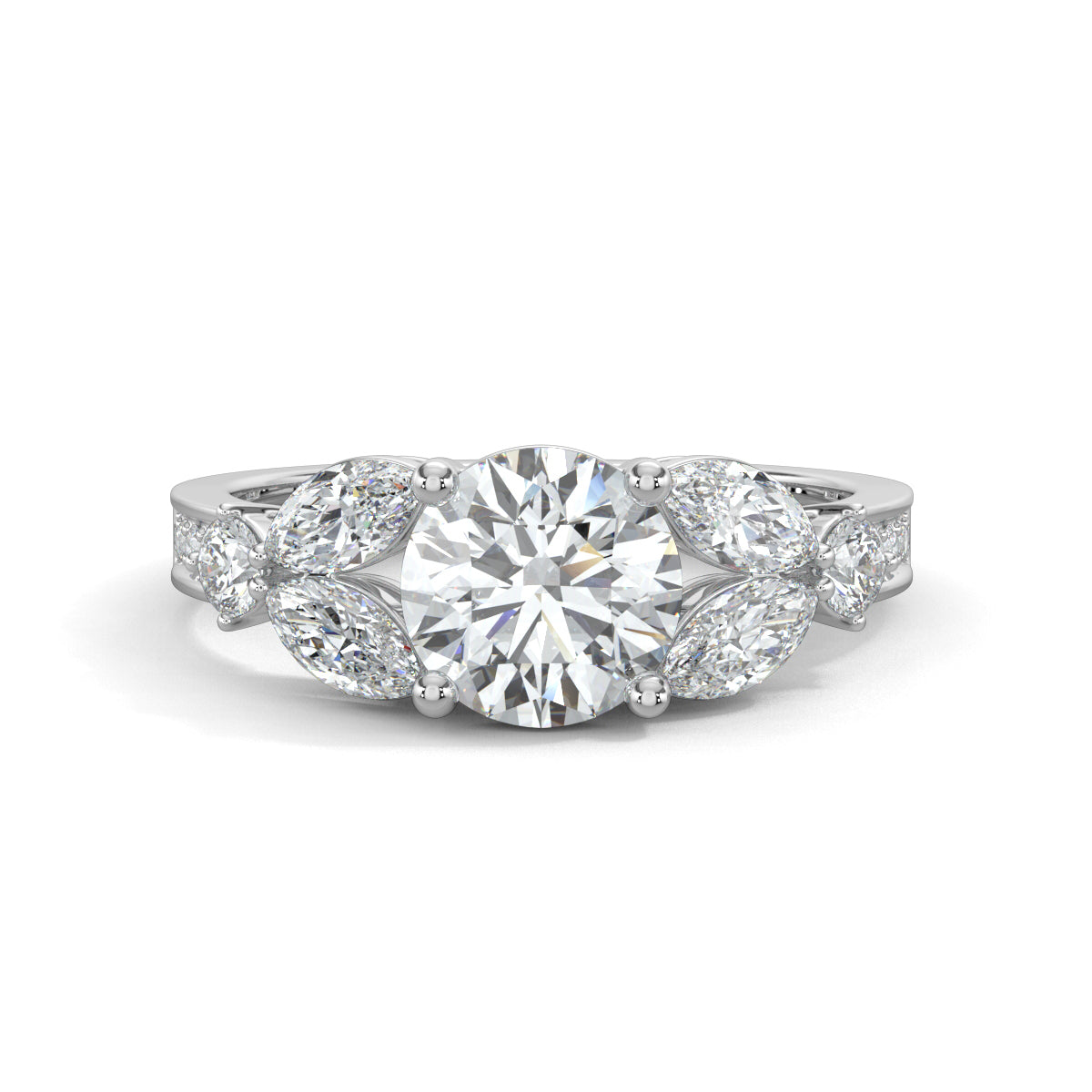 White Gold, Diamond Ring, Round solitaire ring, Marquise diamonds, Natural diamonds, Lab-grown diamonds, Pave diamonds, Ethical jewelry, Classic band, Timeless elegance