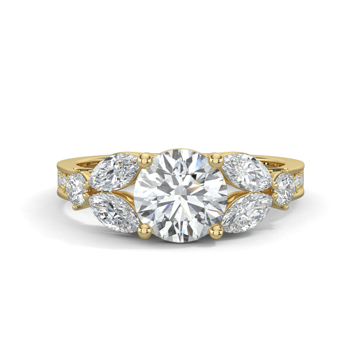 Yellow Gold, Diamond Ring, Round solitaire ring, Marquise diamonds, Natural diamonds, Lab-grown diamonds, Pave diamonds, Ethical jewelry, Classic band, Timeless elegance