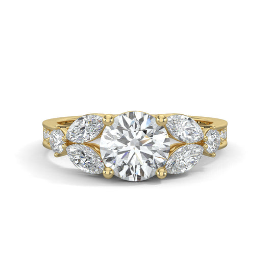 Yellow Gold, Diamond Ring, Round solitaire ring, Marquise diamonds, Natural diamonds, Lab-grown diamonds, Pave diamonds, Ethical jewelry, Classic band, Timeless elegance