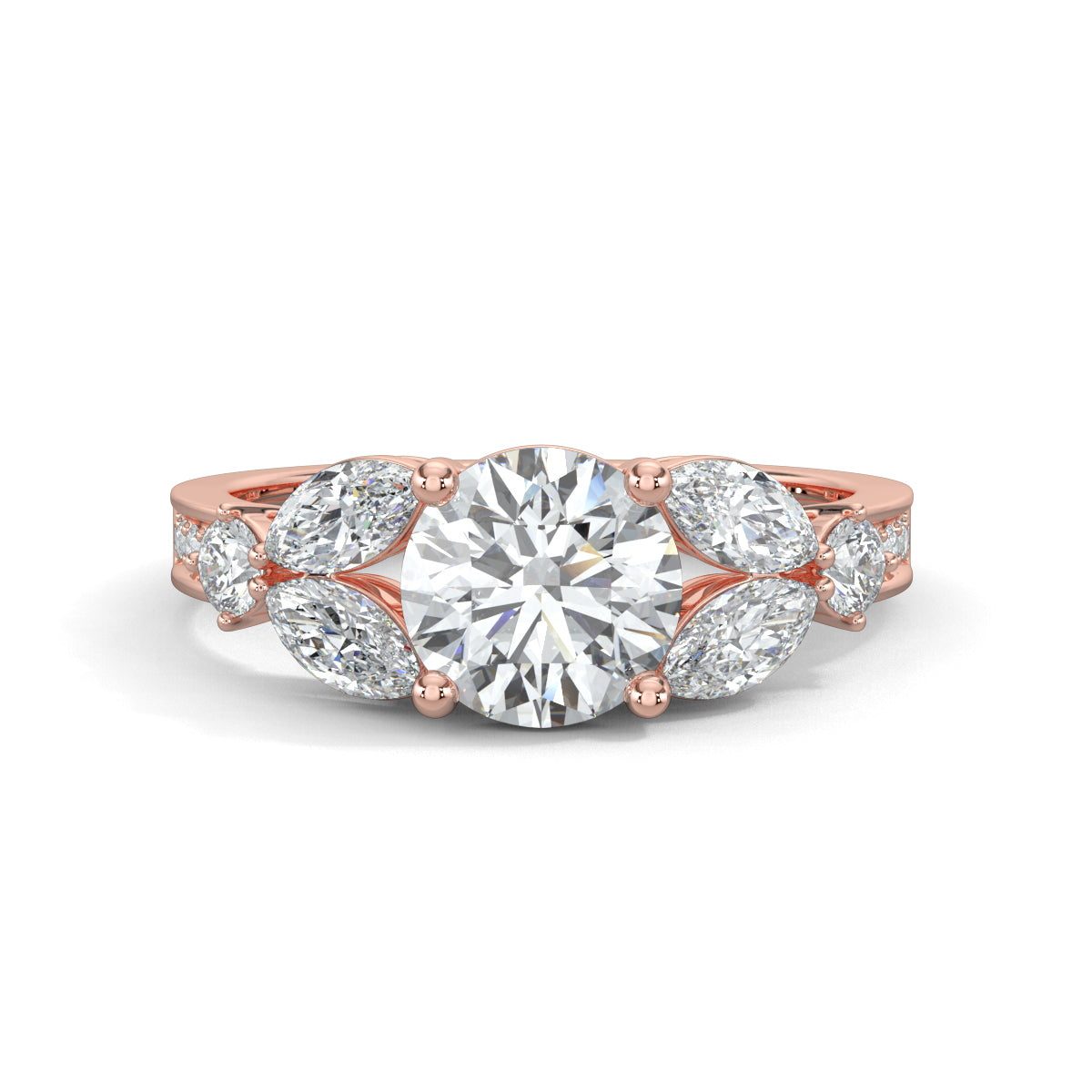 Rose Gold, Diamond Ring, Round solitaire ring, Marquise diamonds, Natural diamonds, Lab-grown diamonds, Pave diamonds, Ethical jewelry, Classic band, Timeless elegance
