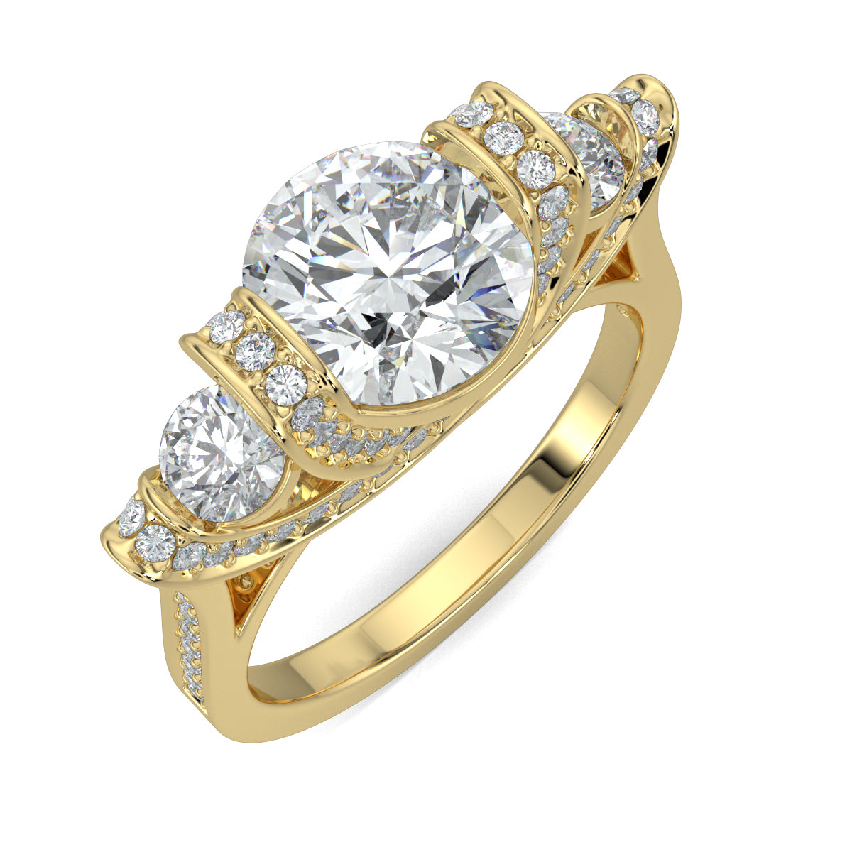 Yellow Gold, Diamond Ring, Enigma solitaire ring, natural diamonds, lab-grown diamonds, trellis band, round diamonds, elegant jewelry