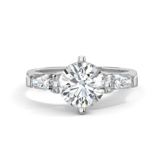 White Gold, Diamond Ring, natural diamond solitaire ring, lab-grown diamond solitaire ring, Lumina Treasure design, round and tapered diamonds, classic band, timeless elegance