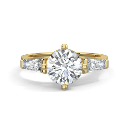 Yellow Gold, Diamond Ring, natural diamond solitaire ring, lab-grown diamond solitaire ring, Lumina Treasure design, round and tapered diamonds, classic band, timeless elegance