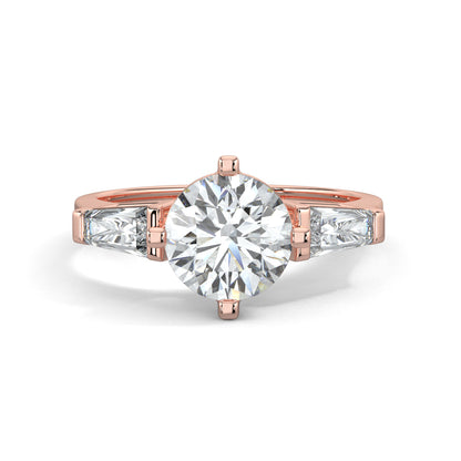 Rose Gold, Diamond Ring, natural diamond solitaire ring, lab-grown diamond solitaire ring, Lumina Treasure design, round and tapered diamonds, classic band, timeless elegance