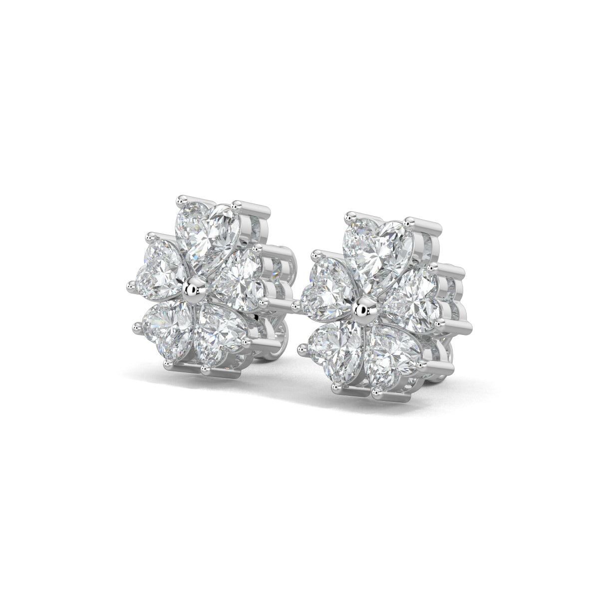 White Gold, Diamond earrings, natural diamond earrings, lab-grown diamond earrings, Heart-shaped diamond stud earrings, floral diamond earrings, Forever Yours collection, flower-shaped earrings
