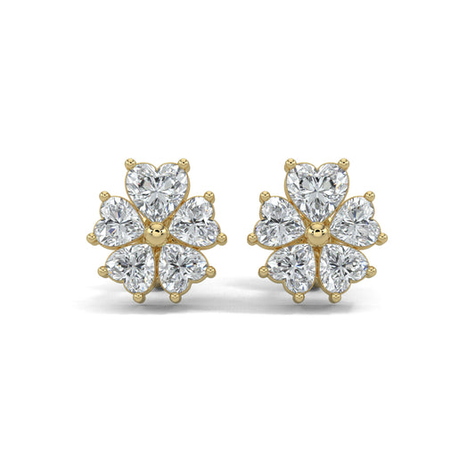 Yellow Gold, Diamond earrings, natural diamond earrings, lab-grown diamond earrings, Heart-shaped diamond stud earrings, floral diamond earrings, Forever Yours collection, flower-shaped earrings
