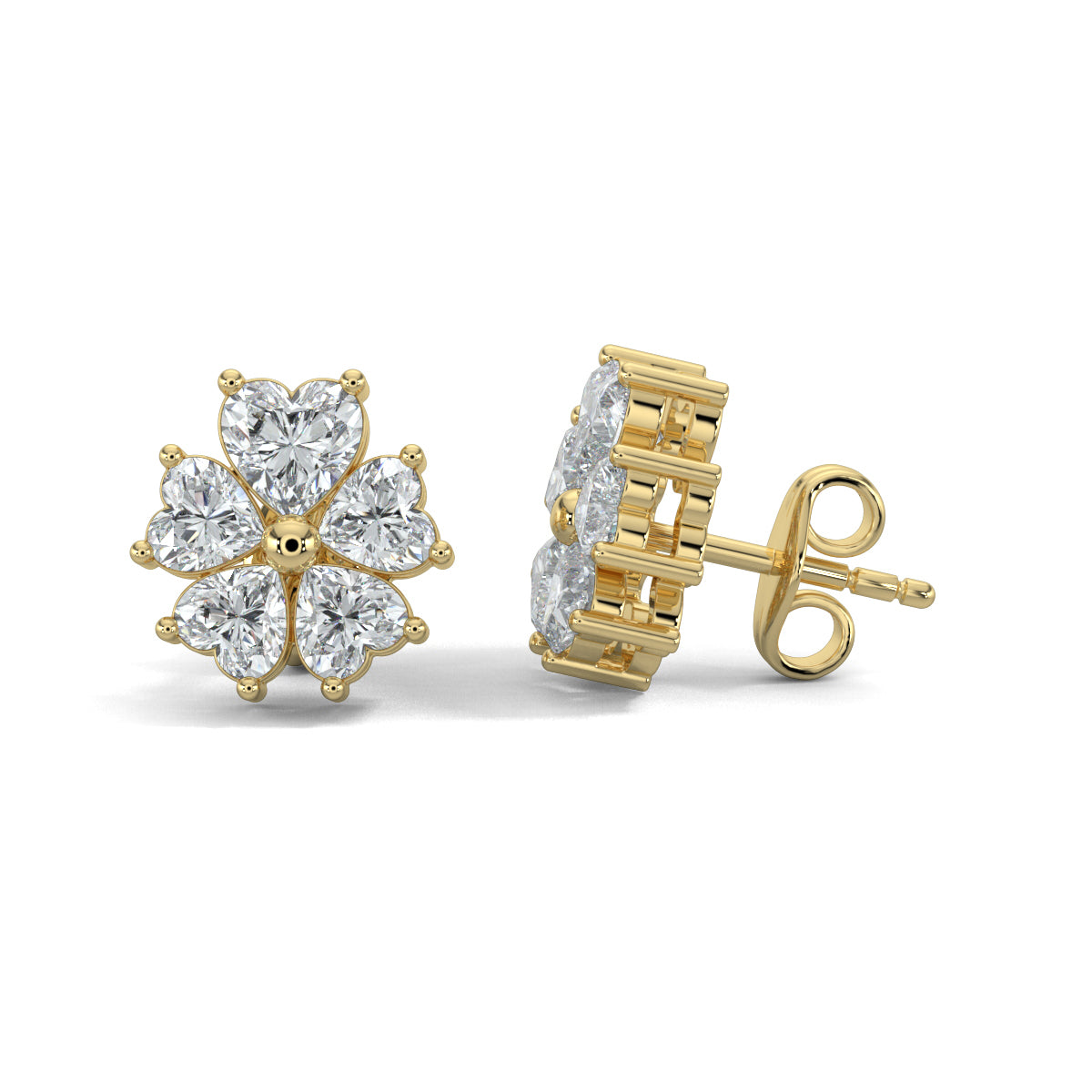 Yellow Gold, Diamond earrings, natural diamond earrings, lab-grown diamond earrings, Heart-shaped diamond stud earrings, floral diamond earrings, Forever Yours collection, flower-shaped earrings
