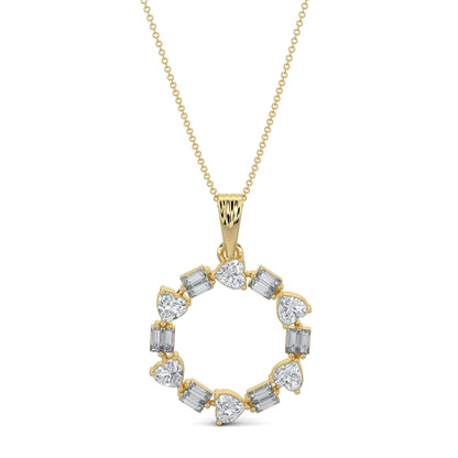 Yellow Gold, Diamond Pendants, natural diamond pendant, lab-grown diamond pendant, circular pendant, heart diamond, baguette diamonds, Forever Yours Collection, Radiant Rhythm Pendant, elegant jewelry, sophisticated necklace, casual pendant