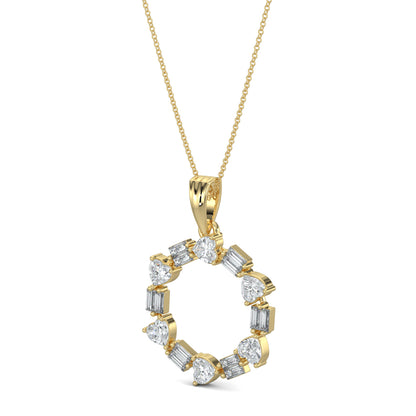 Yellow Gold, Diamond Pendants, natural diamond pendant, lab-grown diamond pendant, circular pendant, heart diamond, baguette diamonds, Forever Yours Collection, Radiant Rhythm Pendant, elegant jewelry, sophisticated necklace, casual pendant